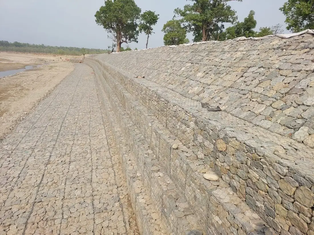 Gabion riverbank protection wall along a river in Nepal