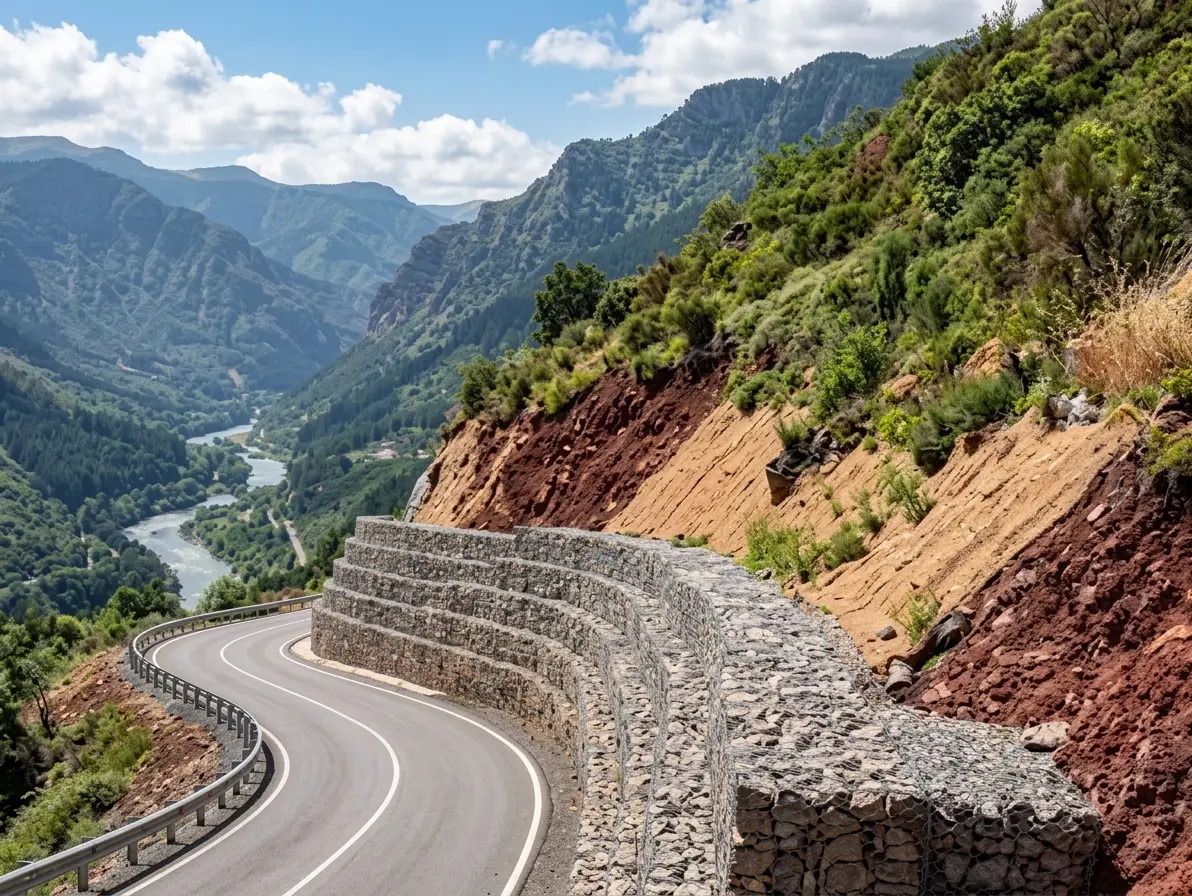 Gabion embankment protection on a Nepal hill road under construction
